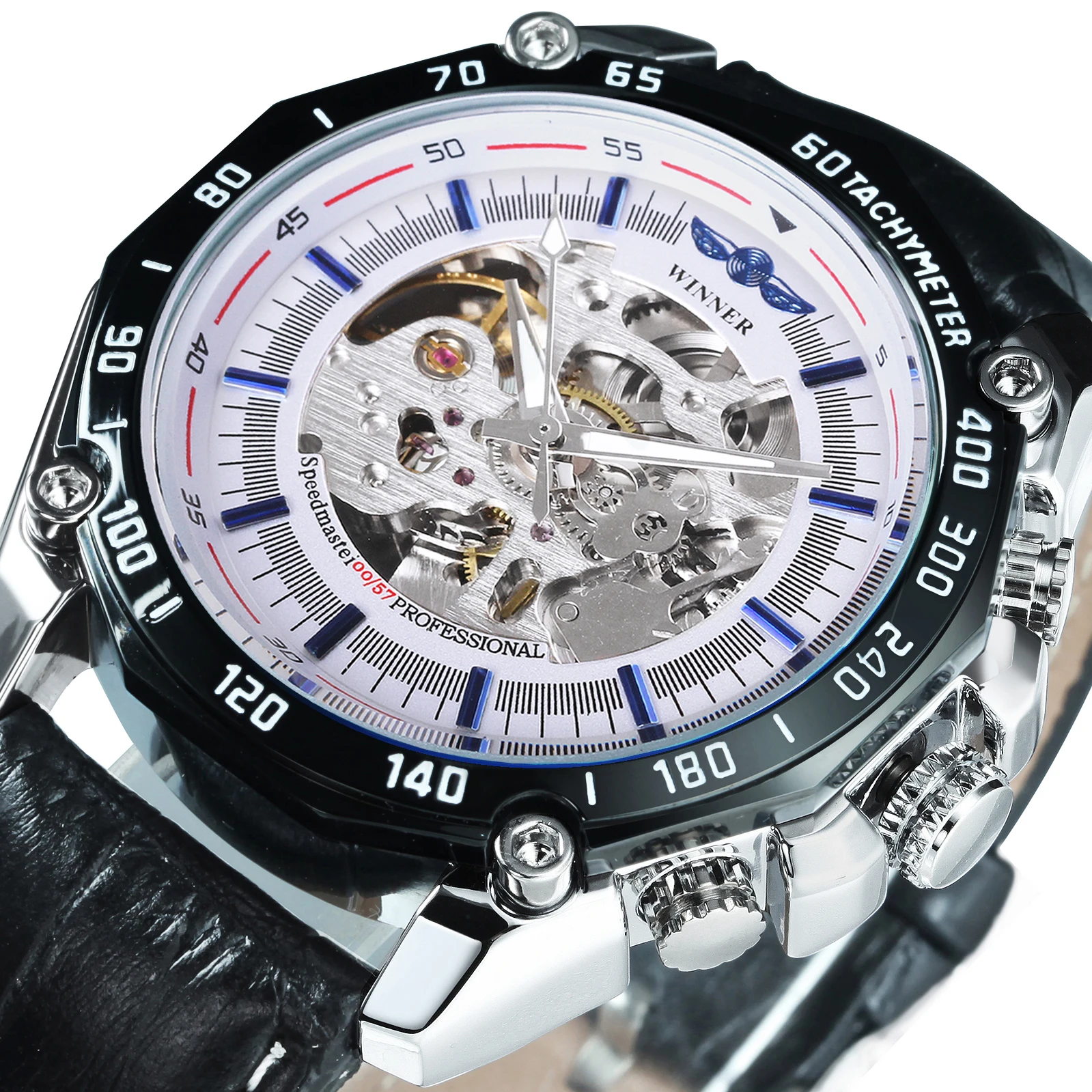 

WINNER Brand Luxury Cool Black Automatic Mechanical Watch Men Skeleton Big Dial Fashion Casual Leather Strap Wrist Watches reloj