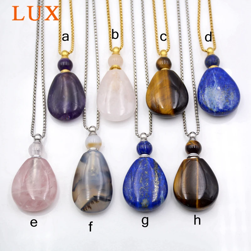 

Natural Gems stone Perfume Bottle Pendant Necklace flat teardrop bottle jewelry Chakra Crystal Quartz lapis lazuli Long Necklace