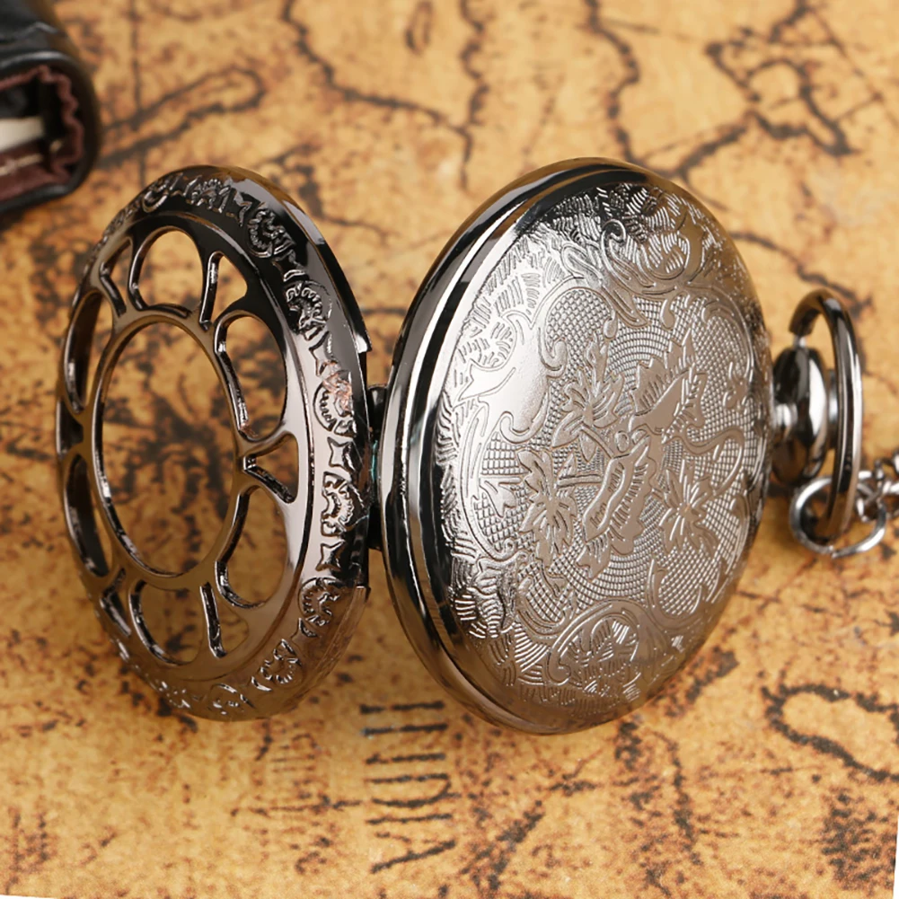 Black Hollow Quartz Pocket Watch Gift Set In A Box Male Thick Chain Pendant Watch Exquisite Accessories Gifts for Son Dad Men