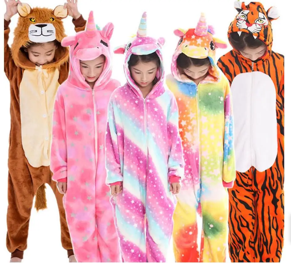Kigurumi Unicorn Pajamas For 4-12Yrs Kids Boys Girls Warm Winter Spring Stitch Unicornio Panda Animal Christmas Pijama Infantil | Детская