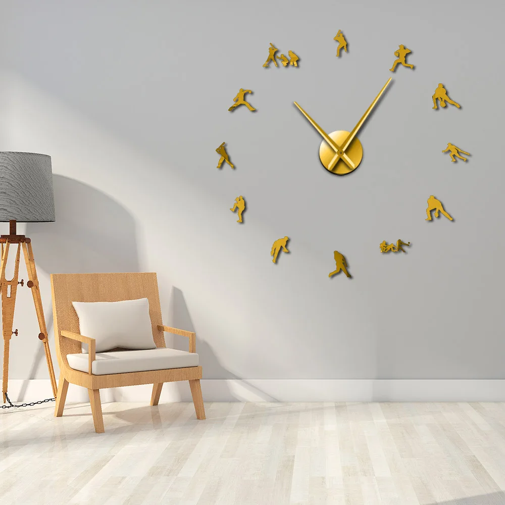 Contemporary Baseball Giant DIY Wall Clock Modern Sport Baseball Glove and Bat Silent Mirror Effect Clock Sportsmen Room Decor