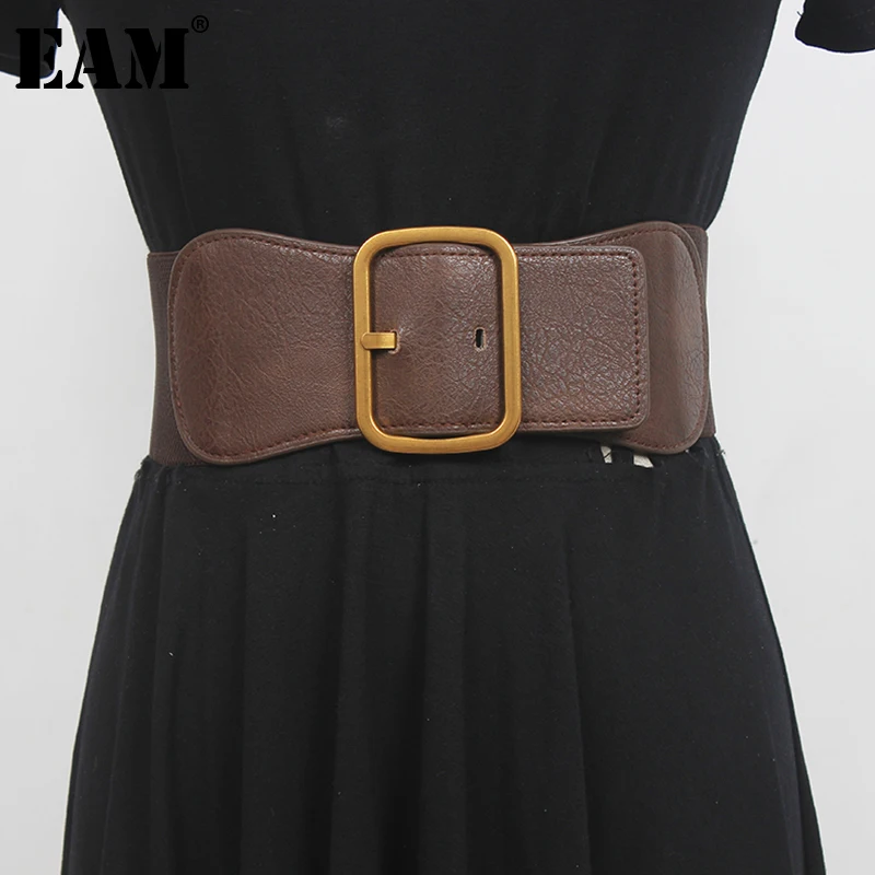 

[EAM] Pu Leather Black Metal Buckel Elastic Wide Belt Personality Women New Fashion Tide All-match Spring Autumn 2022 1DE3668