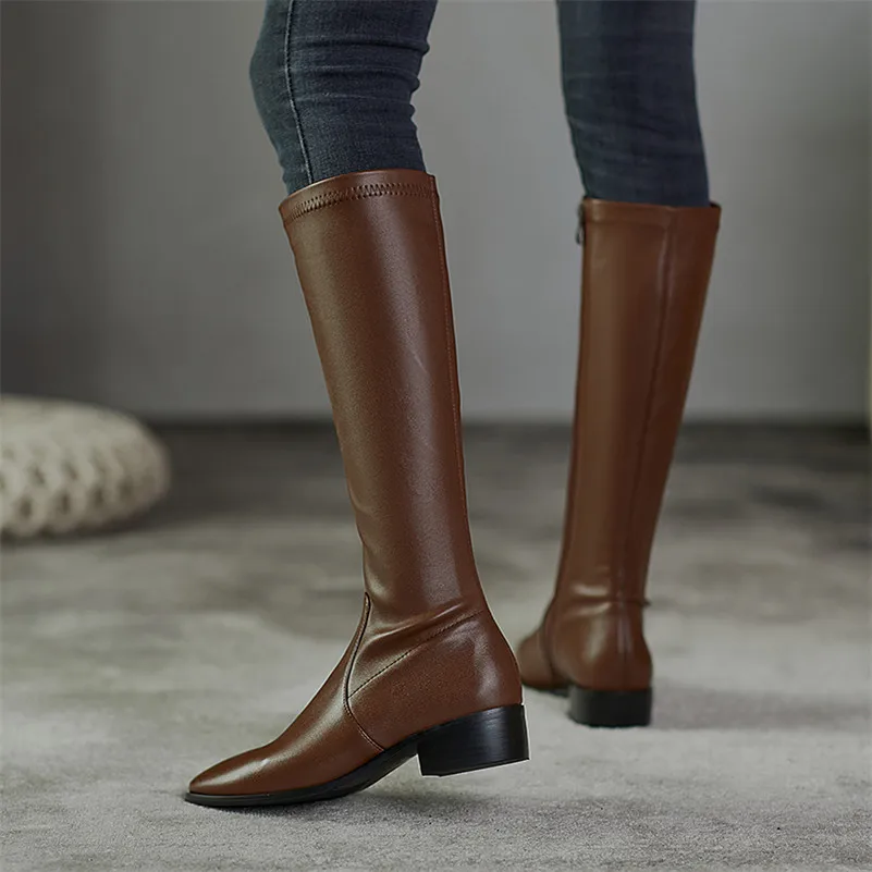 

ANNYMOLI Riding Boots Women Shoes Zipper Mid Heel Knee High Boots Round Toe Thick Heels Long Boots Female Autumn Winter Brown 40