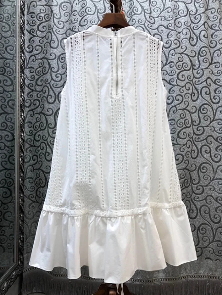 

2020 Summer Fashion Style Sleeveless Dress High Quality Ladies Hollow Out Embroidery Drawstring Deco Casual Long Vest Dress