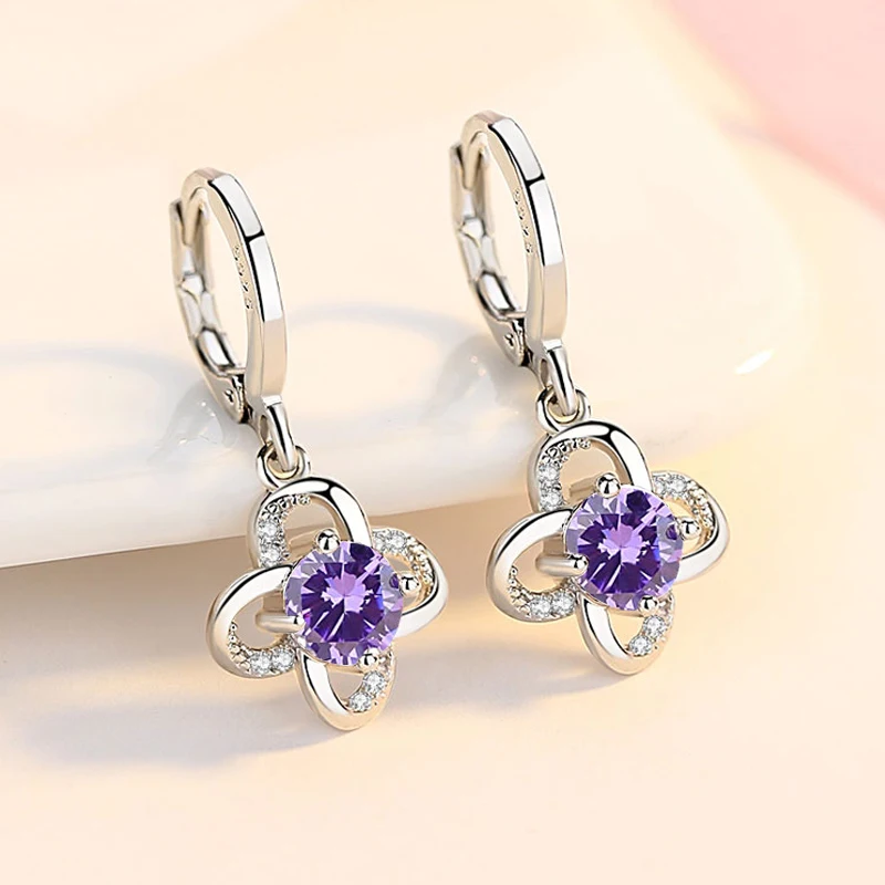 

925 Sterling Silver Cherry Flower Tassel Earrings for Women White And Purple Lotus Flower Earrings drops Gift