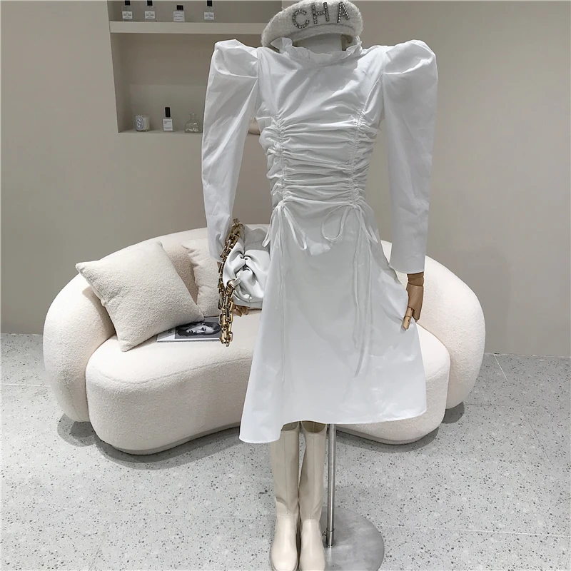 

Women's Spring Summer 2021 Fashion stand collar drawstring pleated dress new design sense waist thin hip bubble sleeve dress