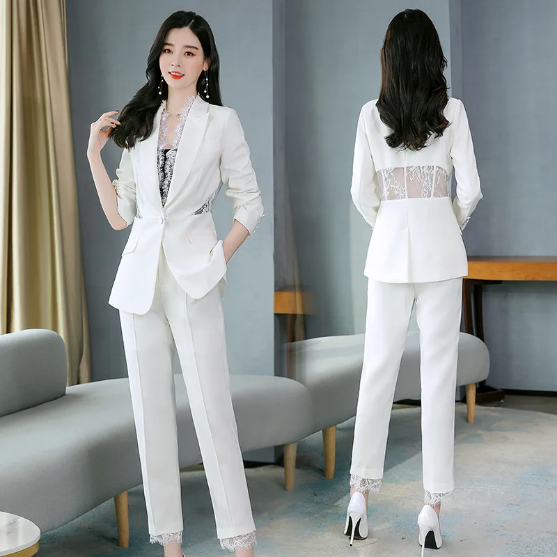 Spring and summer women's professional leisure new fashion lace stitching small suit nine point feet pants temperament two-piece