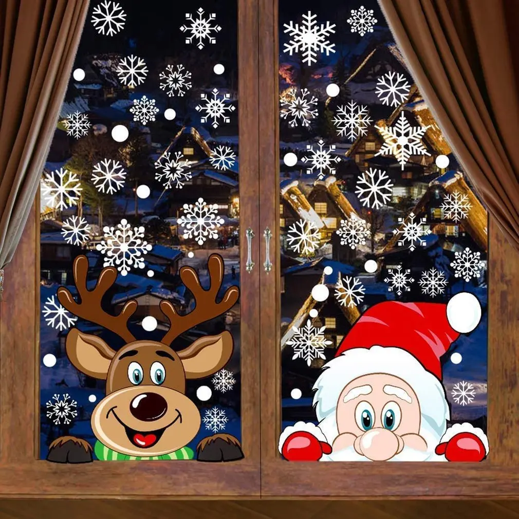 

Removable Christmas PVC Static Sticker Santa Elk Window Stickers Beautify snowflake Wall Decals New Year Party Glass Dress up