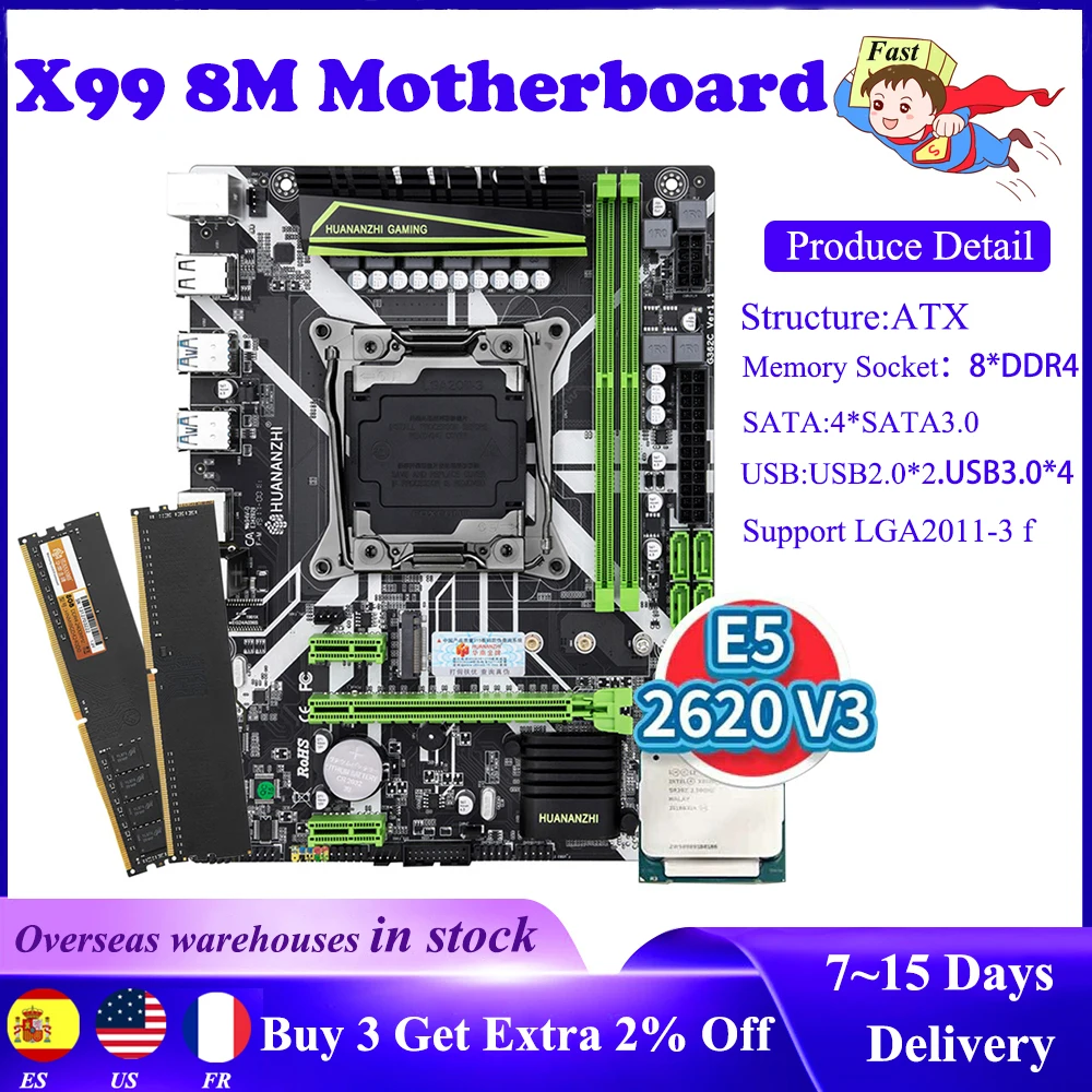 

X99 8M Motherboard Set with Intel XEON E5 2620 V3 with 2*8G DDR4 NON-ECC Memory Combo Kit NVME USB3.0 ATX Server Mainboard Set