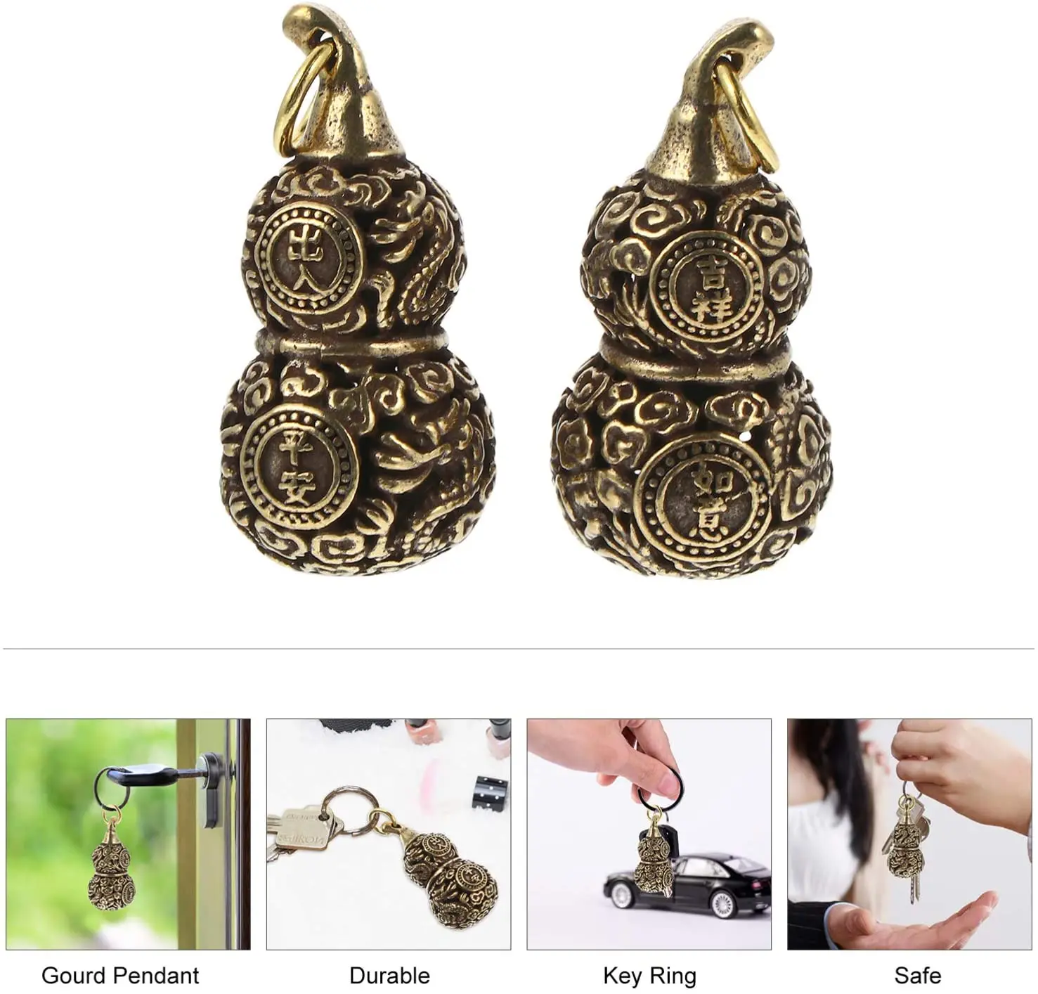 

2PCS Chinese Feng Shui Keychain Gourd Keychain Brass Wu Lou Keyring Office Bedroom Car Hanging Ornaments for Key Decoration