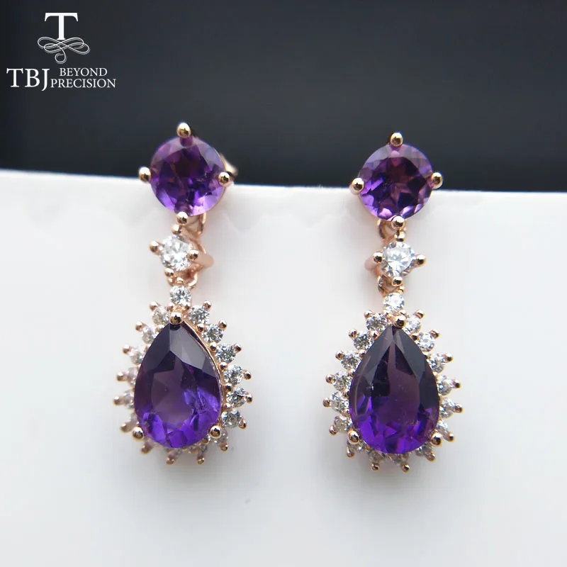 TBJ, 925 пробы, серебряные ювелирные серьги-капли, 3 карата, натуральный аметист, драгоценный камень, роскошные серьги для женщин с подарочной коробкой
