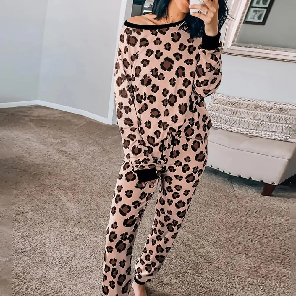 

Women Pajamas Sets Loose Leopard Print Long Sleeve Tops with Drawstring Pants Loungewear Set Two Piece Sets Female Homewear Suit