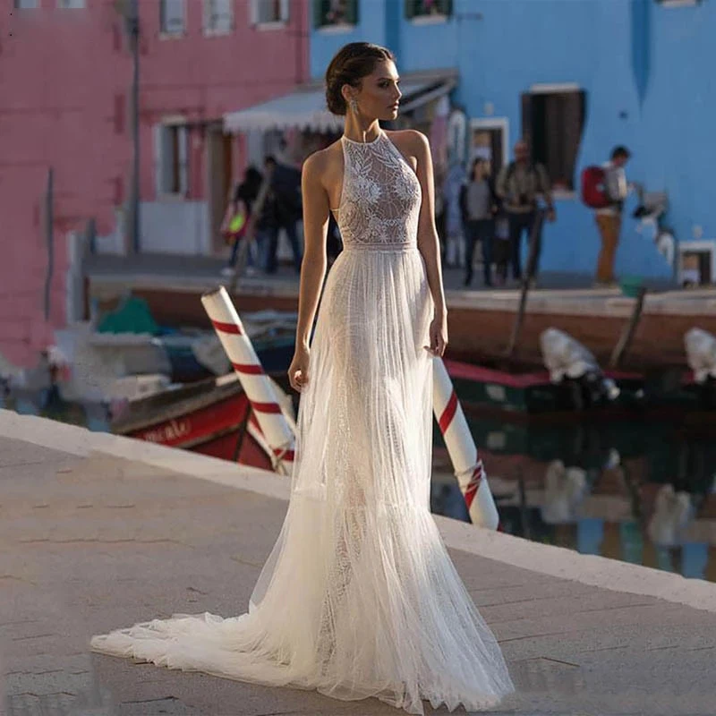 ChuYu  High Neck Lace Sexy Tulle Sleeveless 2021 Appliqued Backless A-line Wedding Dress  Formal Occasion Vestidos De Novia
