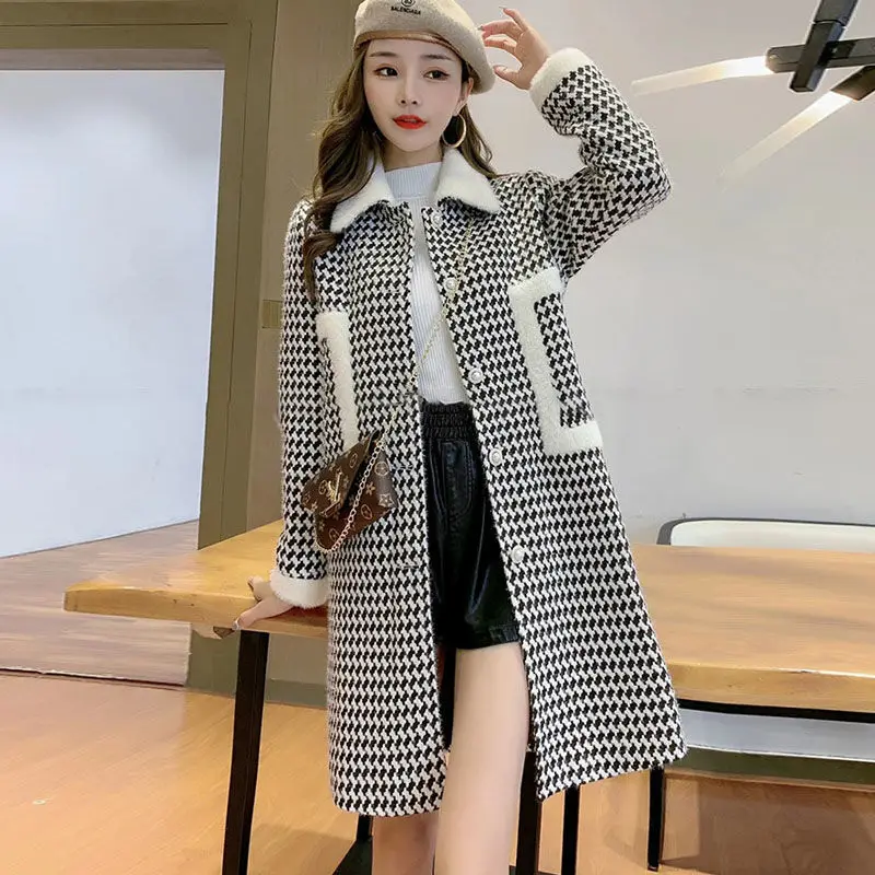 

Woolen Coat Women Mid-length Windbreaker 2021 Spring New Slim and Thin Houndstooth Fashion Woolen Coat Women