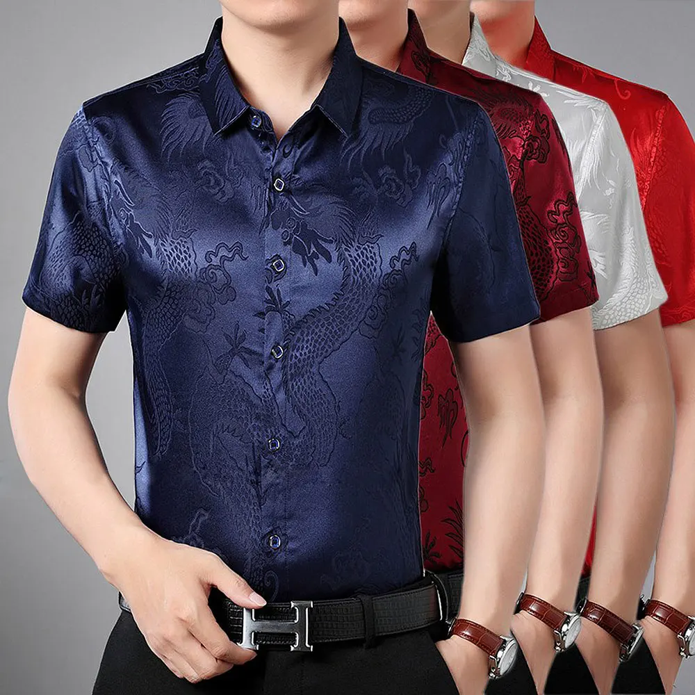 Рубашка мужская с принтом китайского дракона деловая Повседневная приталенная