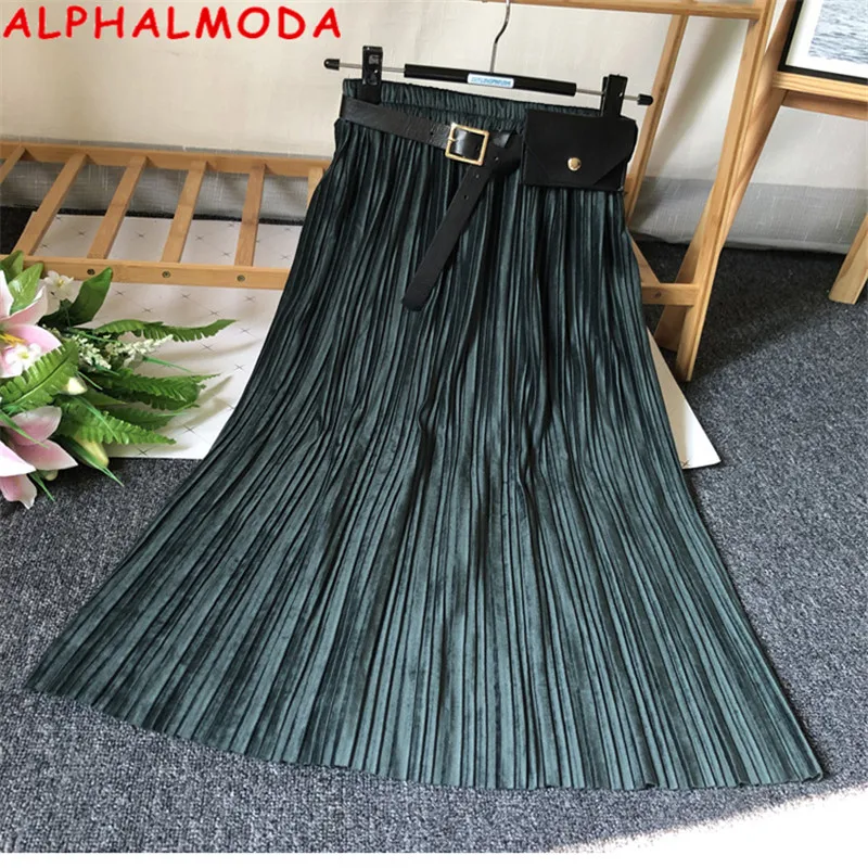 Женская плиссированная юбка ALPHALMODA бархатная до середины икры с высокой талией и
