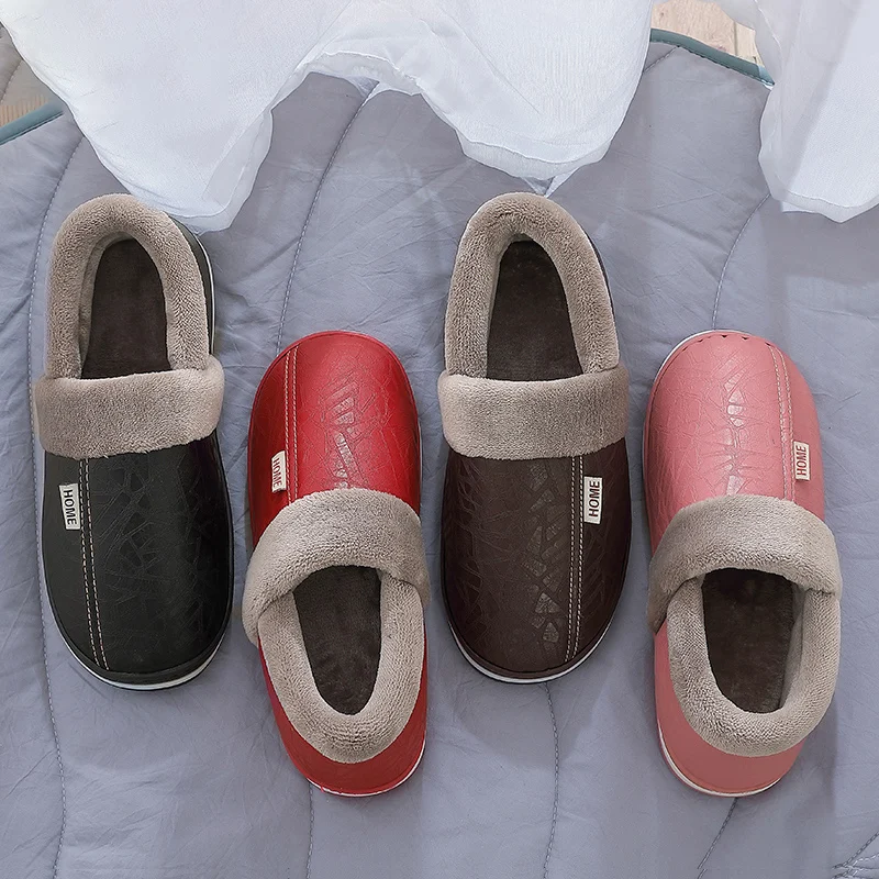 

Plus size Black Men Slippers Winter PU Leather Slippers indoor Waterproof home slippers with fur Couple Flat Slipper Cotton Shoe