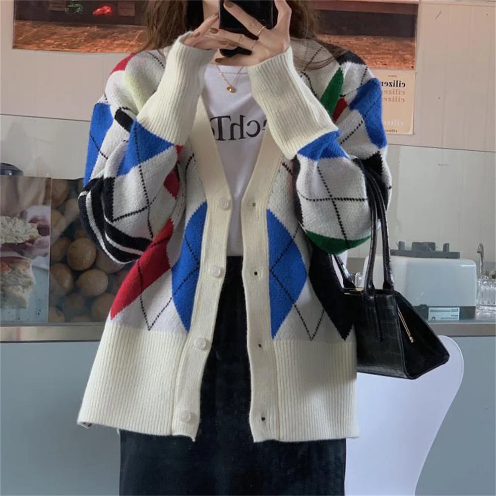 

동대문 Argyle Patchwork Chic Cardigans Sweaters 대한민국 Hot Office Lady Knitted Vintage Femme OL New Coats Autumn Streetwear