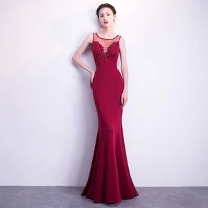 Evening Dresses Illusion O-neck Sleeveless Appliques Mermaid Floor-length Sex Plus size Burgundy Lady Formal Party Dress R1213