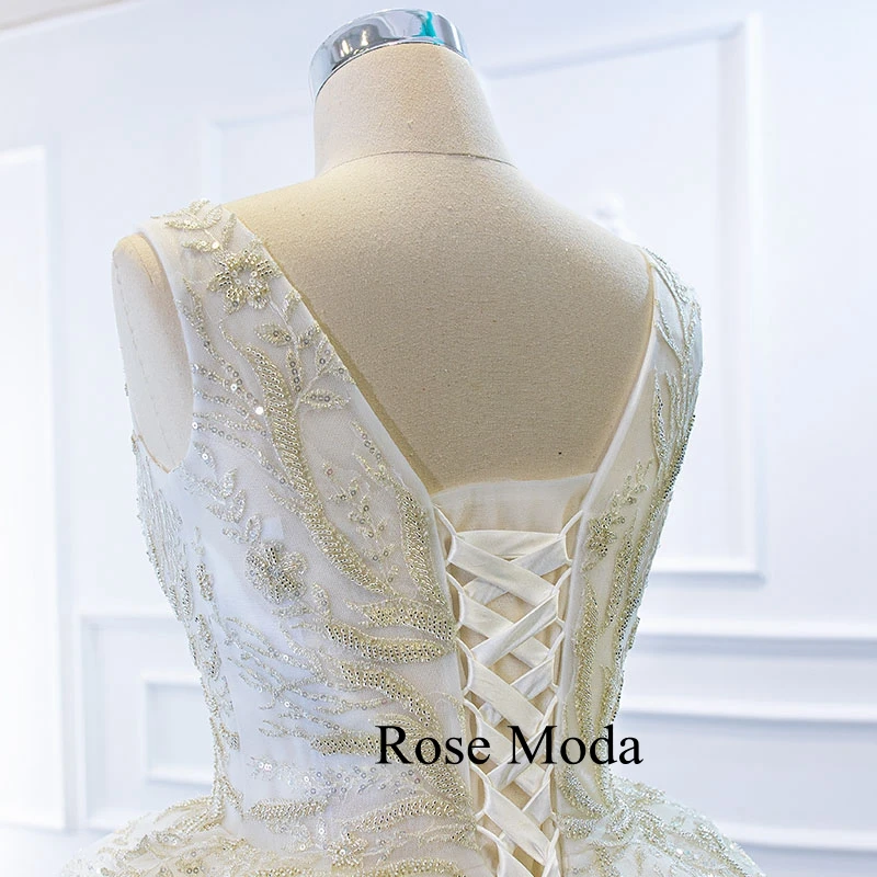 

Rose Moda Luxury Heavily Beaded Embroidery Lace Wedding Dress Deep V Neck Princess Ball Gown Custom Make