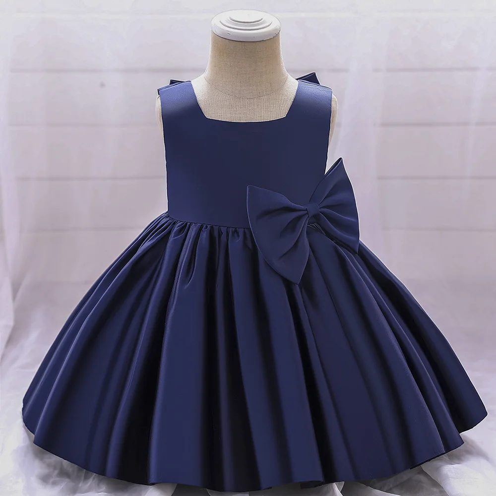 

Children Flower Girl Princess Dress with Bow Satin Navy Baby Girls Birthday Party Evening Dress Ceremony Elegant Girls Costume