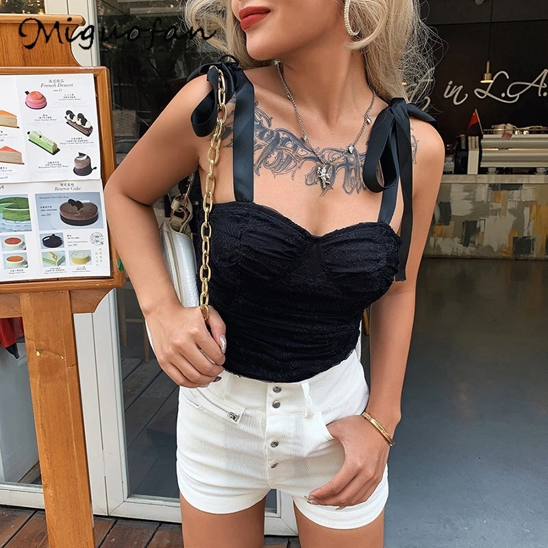 Женский укороченный топ Miguofan кружевной облегающий Топ без бретелек с бантом и