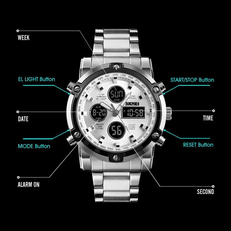

Men Fashion Watche Stainless Steel Top Brand Luxury Multi-function Business Sports Waterproof 3 Time Display Big Dial Watches