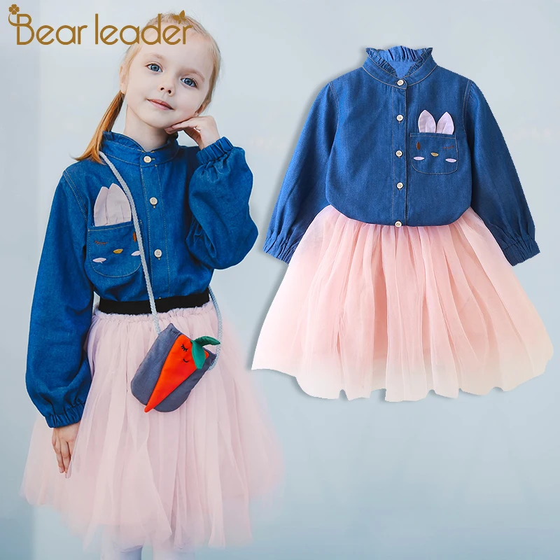 Bear leader/платье для девочек г. Новая Осенняя модная Стильная джинсовая футболка с героями мультфильмов сетчатая юбка костюмы для девочек из 2 предметов одежда для детей