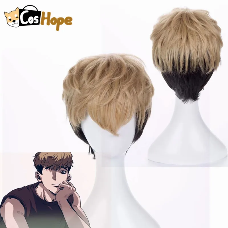 Короткий кудрявый парик Killing Stalking косплей Sangwoo золотистый и черный термостойкий