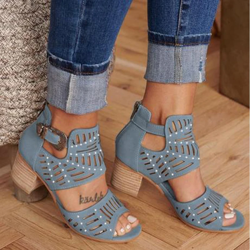 2020 Fashion New Style Sandals Women Vintage Hollow Out Peep Toe Square Heel Wedges High Heels Shoes Zapatos Mujer | Обувь