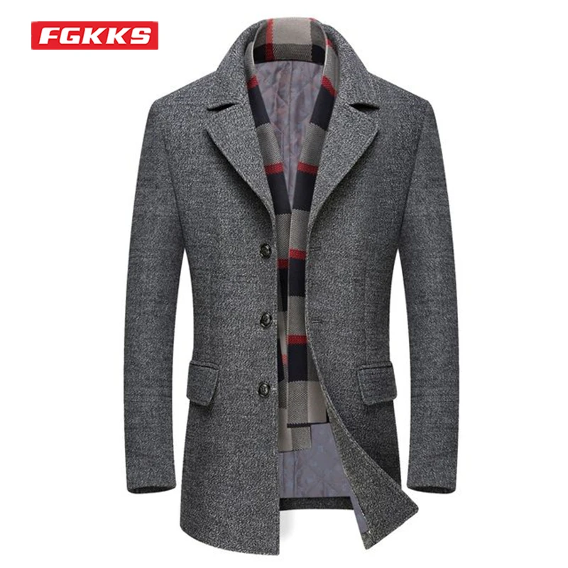 

FGKKS Winter Men’s Wool Coat Fashion Solid Color Detachable Scarf Collar Cotton Padded Lining Long Woolen Coat Male Trench Coat