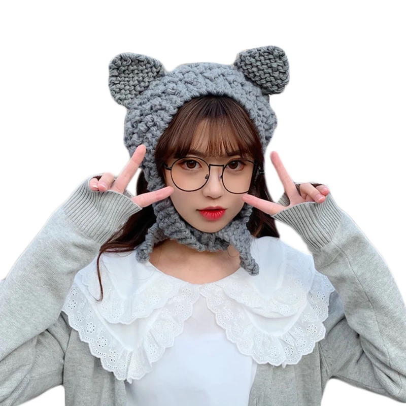 

Women Cute Ears Knit Beanie Hat Solid Color Chunky Crochet Warm Earflap Cap 24BC