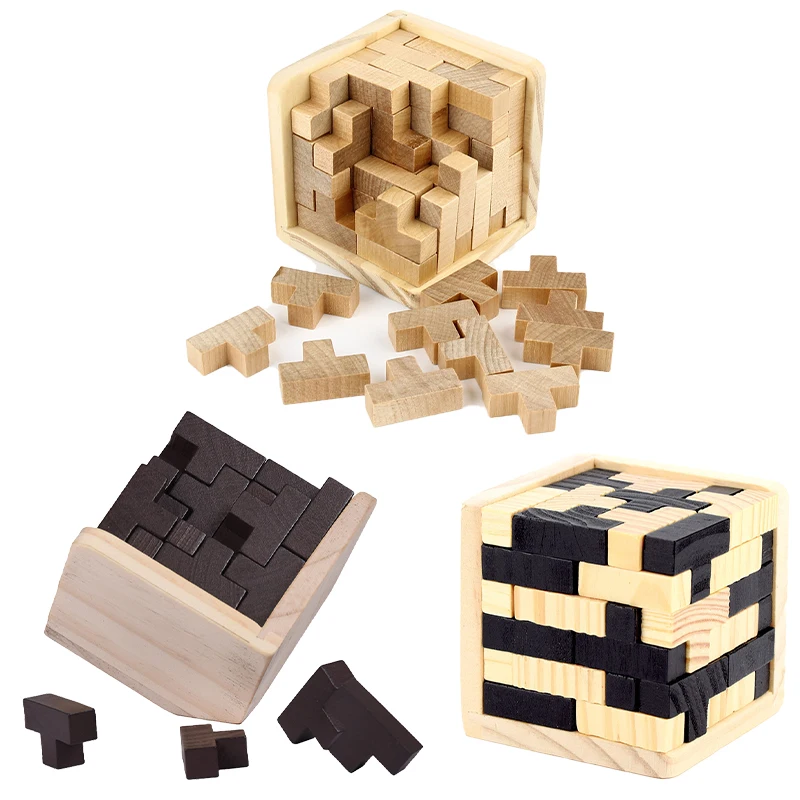

54T Tetris Early Learning Educational 3D Wooden Cube Creative Puzzle Ming Lu Ban Interlocking Brain Teaser Toy Gift For Kids