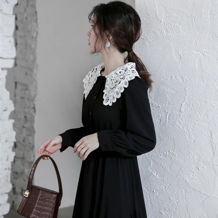 Платье большого размера на весну и осень черное платье с воротником Питер Пэн
