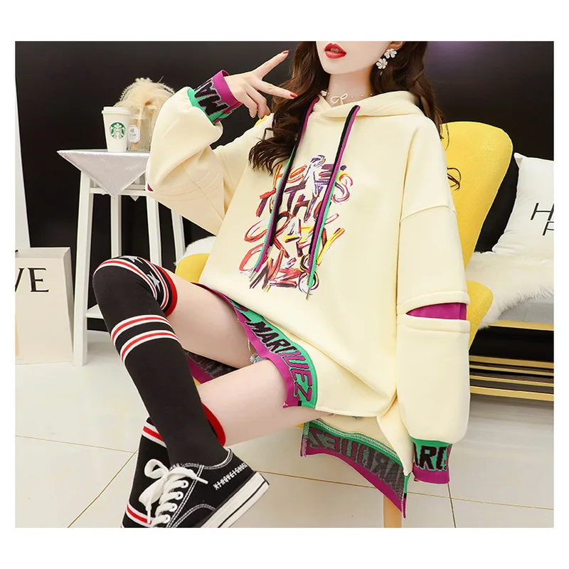 

2021 Korean Hoodies Autumn Winter Casual Thick Fleece Personality Pullovers Fashion Loose Patchwork Sweatshirts Women
