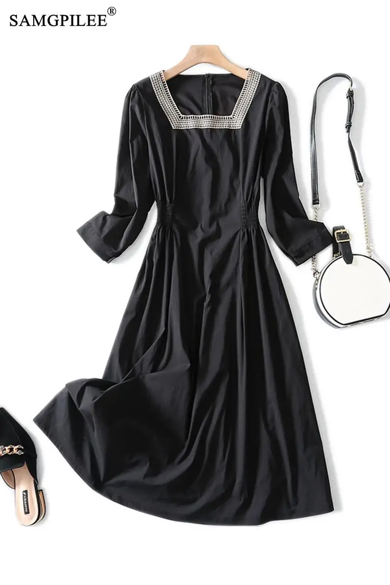 

Maxi Dresses For Women 2021 Casual Dress A-line Solid Three Quarter Sleeve Embroidery Mid-calf Empire Square Collar Women Dress