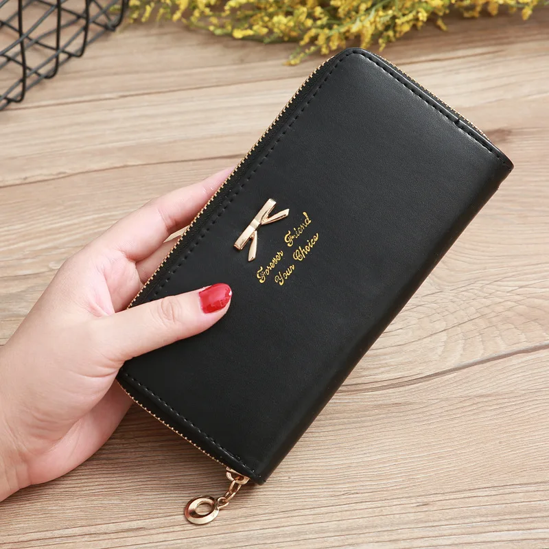 

Vertical wallet fashion card bag solid color bow ladies coin purse two fold purse hot stamping single pull coin purse