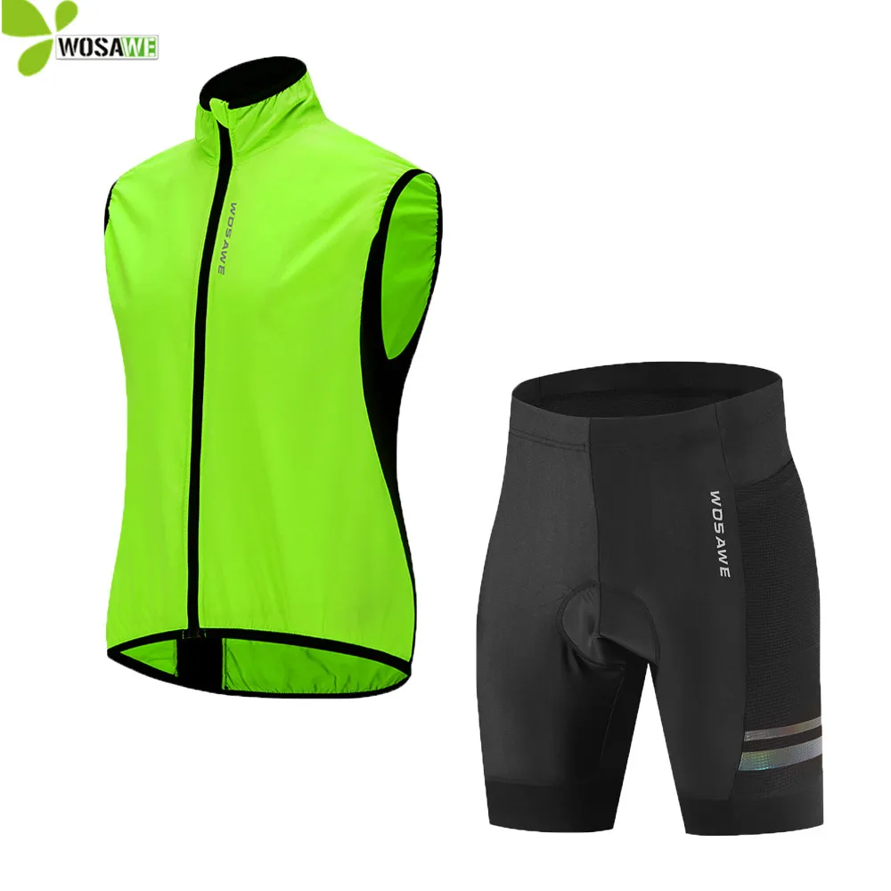 

WOSAWE Thin Men's Cycling Set Reflective Summer MTB Bike Bicycle Wind Coat Sleeveless Top Jersey Vest Gilet GEL Pad Shorts Suit
