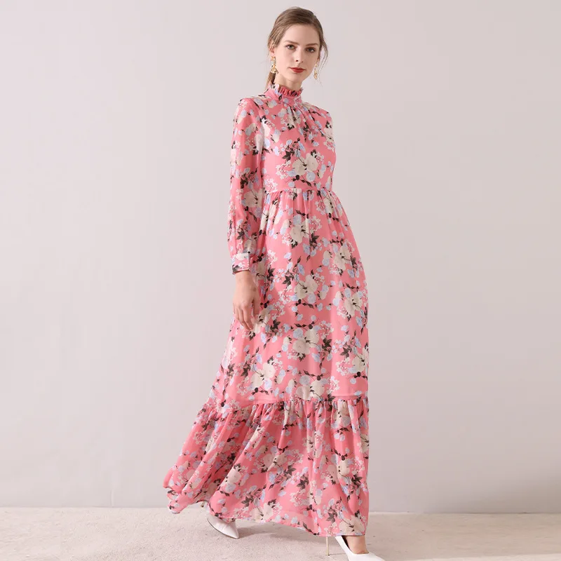 

Women 2020 fashion spring summer maxi dress ruffles collar floral print floor length long sleeve elegance dreses pink