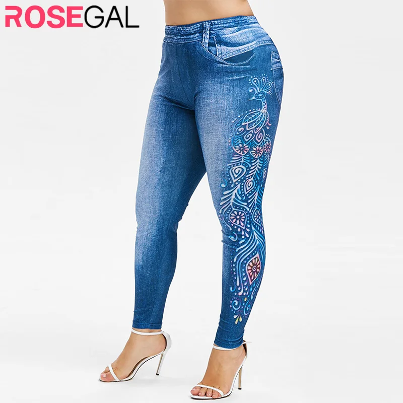 Rosegal размера плюс новинка большие 3D джинсы узкие брюки деним с принтом павлина
