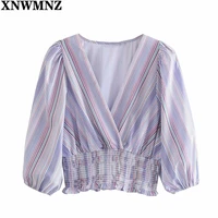 xnwmnz 2021 women summer striped cropped top woman blouse puff short sleeve vintage folds elastic waist hem smocked thin tunics