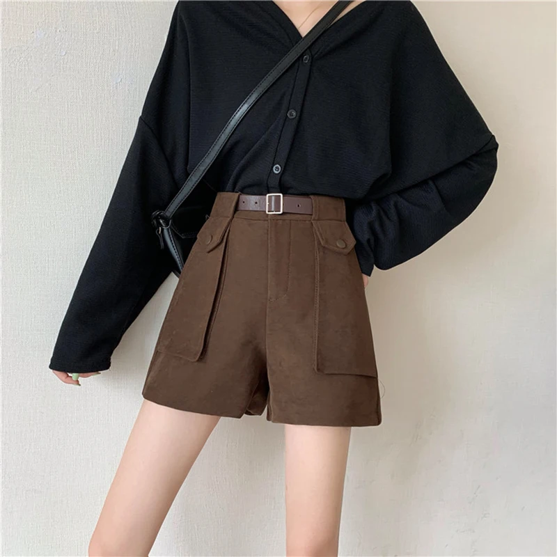 

Women's Oversized Bootcut Shorts Solid High Waist Sashes Woolen Big Pockets Wide Leg Short for Women Autumn Spring 2021