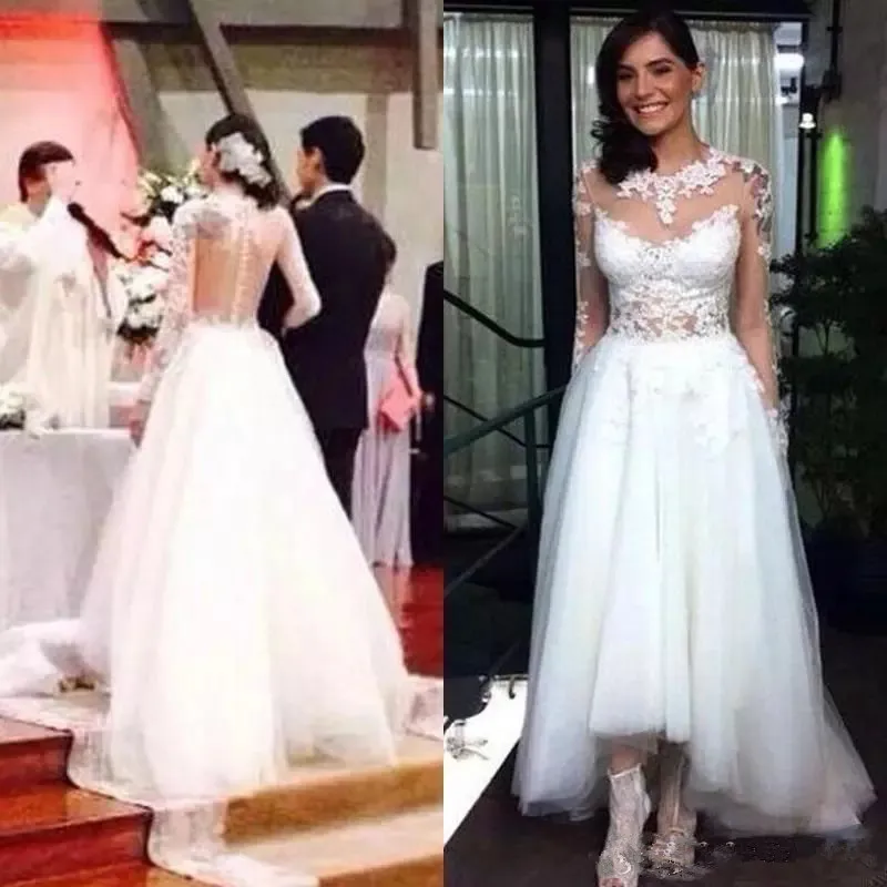 

Romantic A Line Lace Wedding Dresses Sheer Neck Long Sleeves Sexy Backless Hi Lo Tull Appliques Wedding Bridal Gown