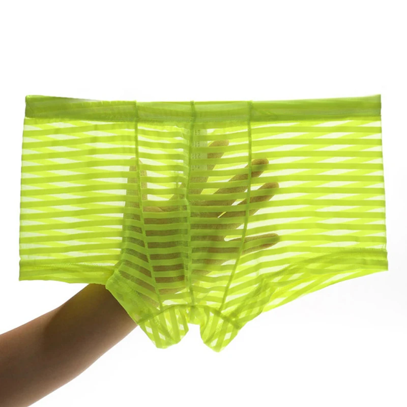 

M-3XL 10Colors Striped Transparent Man Ultra-Thin Mesh Bulge Pouch Underpants Breathable Cool Low-Waist Ice Silk Briefs Shorts