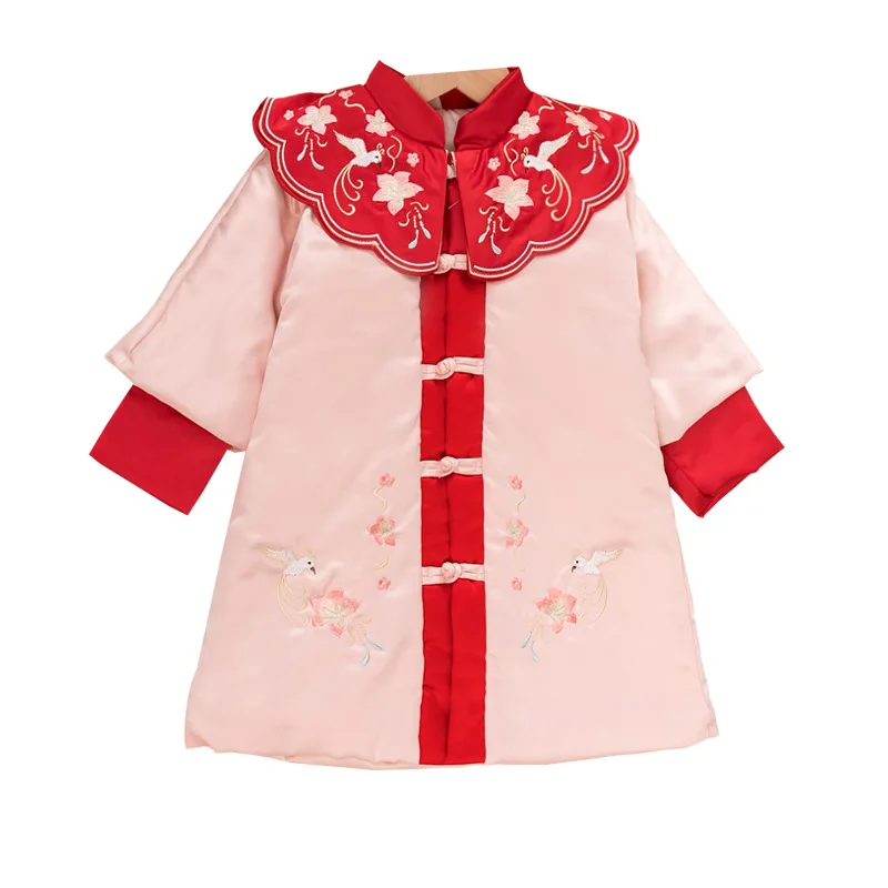 

2022 Chinese New Years Red Cheongsam Age For 2 - 12 Years Baby Girls Thick Warm Vintage Dress Buttons Printed Qipao Kids Frocks