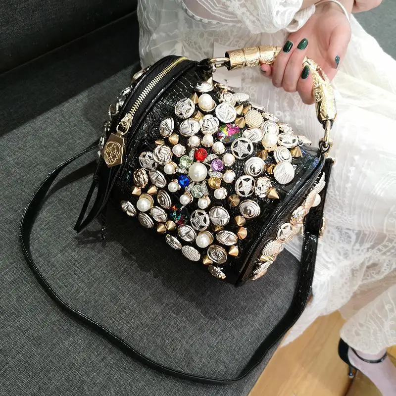 Women Shoulder Bag Genuine Leather Handbag 2021 Female Shopper Purse Fashion Beaded Rhinestone Rivet Barrel-shaped Crossbody Bag