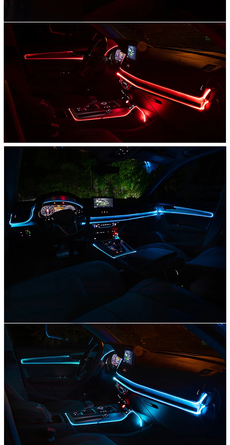 Car EL Neon Strip 6M Sound Control Light RGB LED Decorative Car Ambient Light Auto Atmosphere Lamps With A 12V Lighter&USB Line