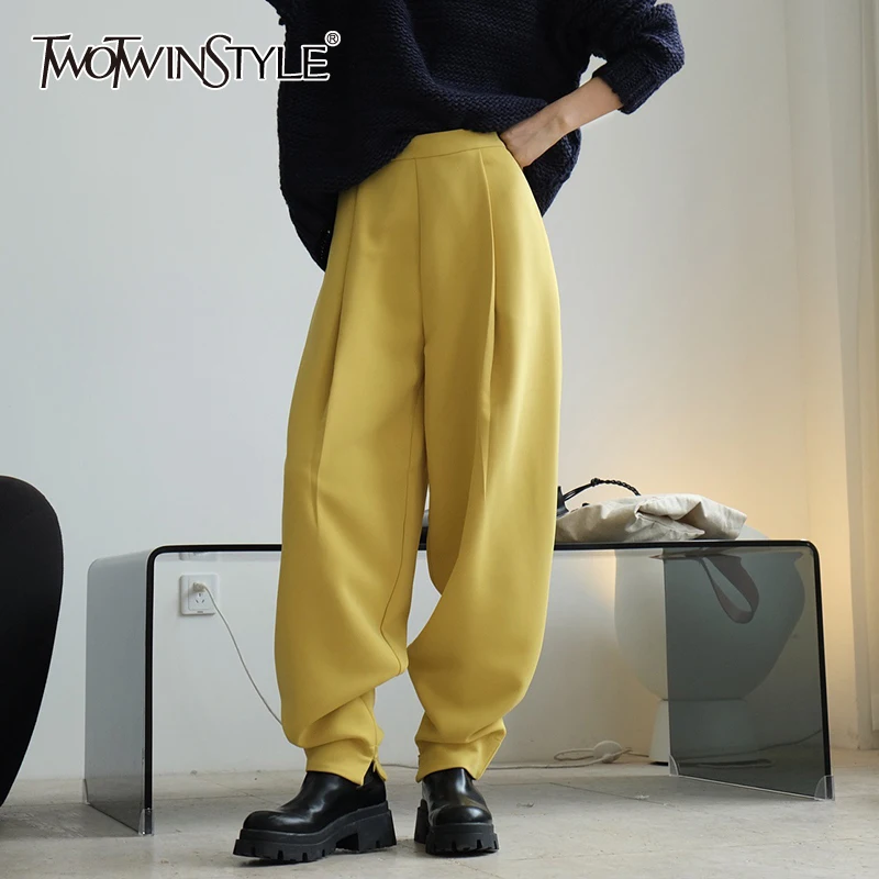 

TWOTWINSTYLE Casual Pant For Women High Waist Plain Patchwork Zipper Loose Long Wide Leg Pants Female 2021 Autumn Clothing New