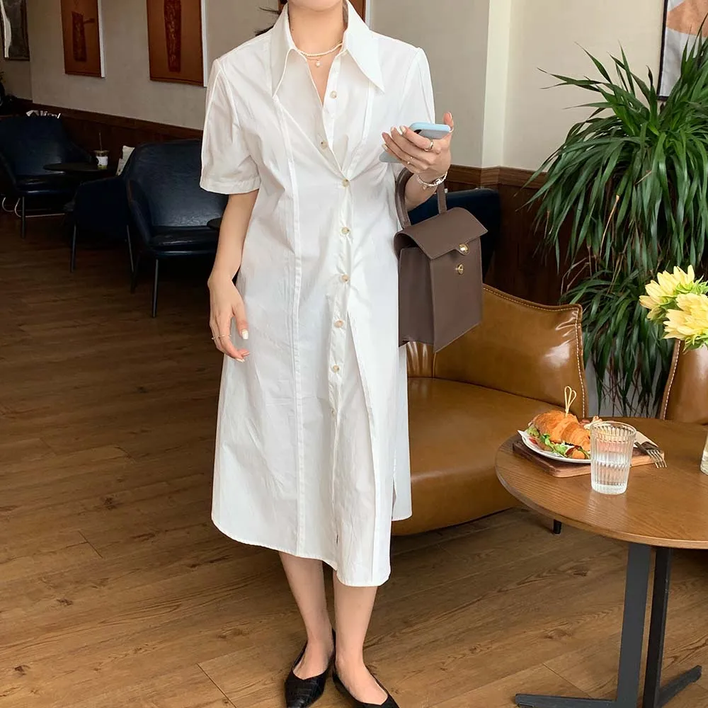 

2021 Women Summer White Vintage Long Shirt Dress Lapel Collar Asymmetrical Single Breasted Loose Maxi Sundress