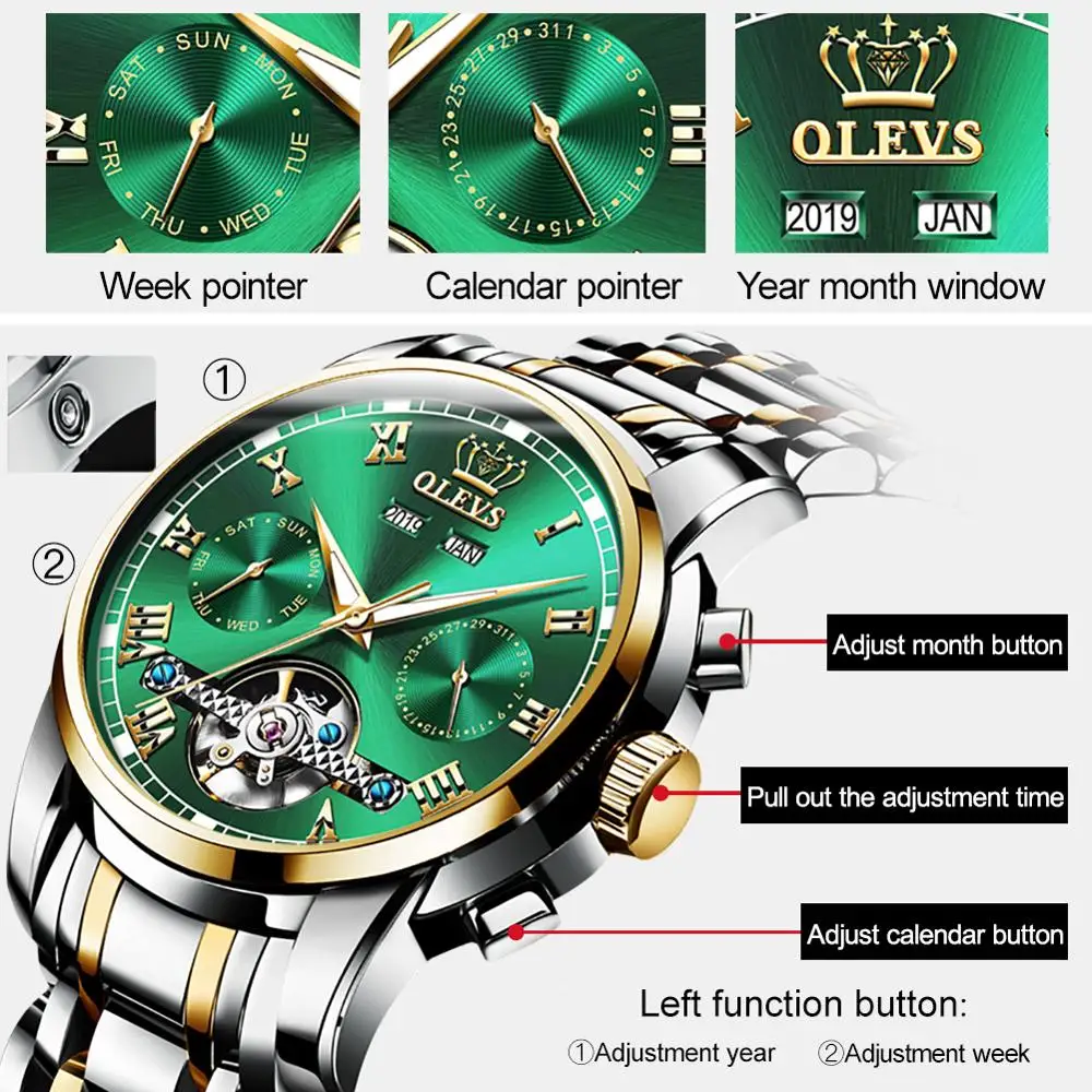 

2021 OLEVS Brand Luxury Men Watches Automatic Green Watch Men Stainless Steel Waterproof Business Sport Mechanical Wristwatch